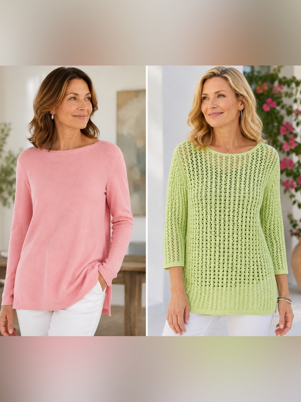 J. Jill XS Sweater Bundle Pink Boat Neck Pullover & Lime Open Knit Tunic Coastal